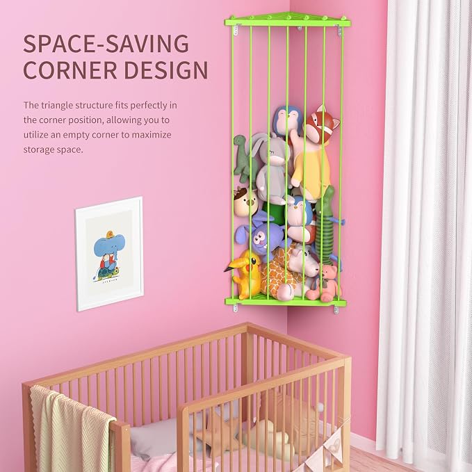 Stuffed Animal Storage Corner Organizer- Stuffed Animal Holder with Length Adjustable - Wall Plush Storage Hanging Stuffed Animal Net for Wall (Green, Standard)
