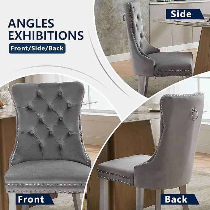 Velvet Dining Chairs Set of 4, Kitchen & Dining Room Chairs, Upholstered Dining Chairs with Back Ring Pull and Silver Solid Wood Legs, Modern Tufted Kitchen Chairs for Dining Room, Light Grey