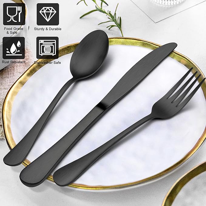 LIANYU 40 Piece Matte Black Silverware Set, Stainless Steel Black Flatware Cutlery Set for 8, Fancy Kitchen Utensil Tableware for Home Restaurant Party, Satin Finish, Dishwasher Safe