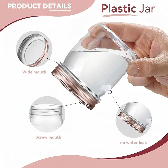 novelinks 8 oz Clear Plastic Jars with Airtight Lids, 8 Pack Plastic Mason Jars with Lids 8oz, Refillable Storage Slime Containers & Small Spice Jar for Kitchen Organization (8 Pack,Rose Gold)