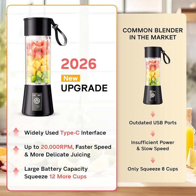 Portable Blender for Smoothies & Shakes - Cordless Personal Size Mini Blender with BAP Free Juice Cup, USB Rechargeable Suit for Sports/Picnic, Mother's Day