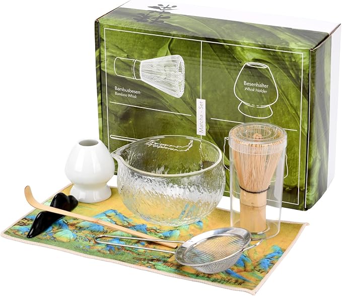 7 Pcs Matcha Whisk Set, Ceramic Matcha Set Includes Matcha Bowl, Bamboo Matcha Whisk and Holder, Bamboo Scoop, Scoop Holder, matcha sifter and Tea Towel - Matcha Kit for Matcha Lovers（White）