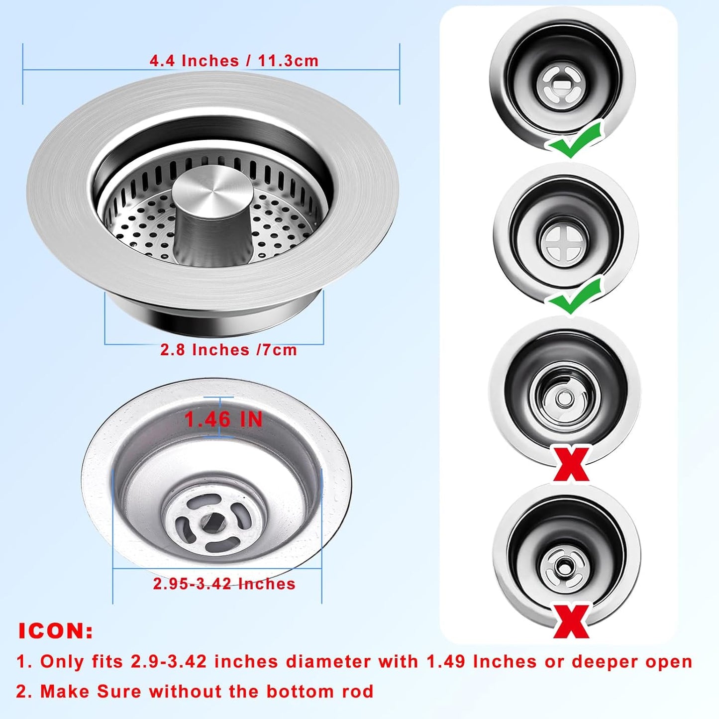 3-in-1 Kitchen Sink Drain Strainer & Stopper with Basket, Stainless Steel Drain Plug Cover Catcher for Food Waste - Sink Accessories for Home or Kitchen Sink Shroom Fit US Standard 3-1/2'' Drain Hole