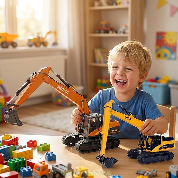 Gemini&Genius Long Reach Excavator Toy for Kids, Heavy Duty Construction Vehicle Digger Toys, 360-degree Rotatable Driver's Compartment, Multi-Jointed Movable Tracked Vehicle for Kids Gift (Yellow)