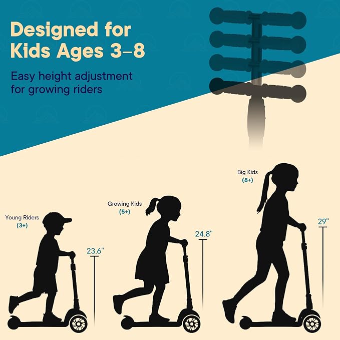 Outdoor Cruiser 3-wheel Kids Scooter – With Lean-to-steer Technology, Wide Deck, Led Lighted Wheel, 4-level Adjustable Height T-bar Handle, Support Kid Up to 150 Lbs, for Boys & Girls Ages 3-8, Yellow