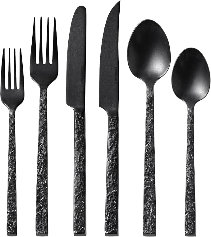 KINGSTONE 24 Pcs Black Hammered Silverware Set with Steak Knives for 4, 18/10 Stainless Steel Heavy Duty Flatware Set, Tableware Cutlery Utensil Sets for Home Restaurant Dishwasher Safe