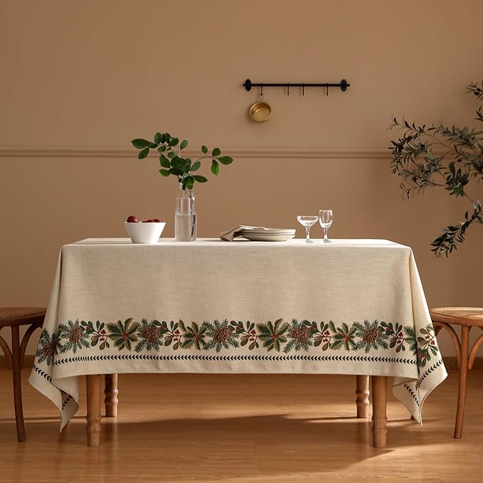 ISAENNE Designer Christmas Linen Small Rectangular Tablecloth,Light Beige Western Elegant Table Cloth,Wrinkle Resistant Decor Tablecloths for Dining Thanksgiving Kitchen Christmas,55"*71"-Carol G