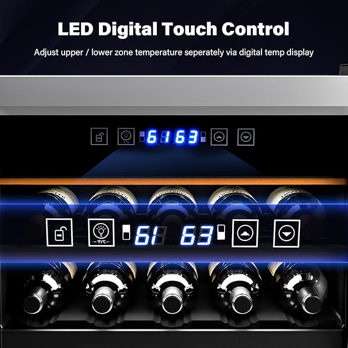 ROVSUN 33 Bottle Wine Fridge, Dual Zone Wine and Beverage Refrigerator with Independent Temp & LED Control Panel, Freestanding Wine Cooler Chiller for Red White Wine, Champagne, Beer