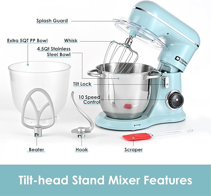 Kitchen in the box Stand Mixer, 5QT Two bowls Electric Food Mixer, 10 Speeds 3-IN-1 Kitchen Mixer for Daily Use with Egg Whisk,Dough Hook,Flat Beater (Blue, 5QT)