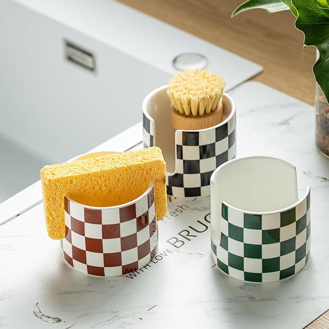 Checkered Kitchen Sink Sponge Holder, Dish Sponge Rack Ceramic Brush Holder Farmhouse Kitchen Drying Rack for Brush, Scrubbers, Bathroom, Sink, Black and White