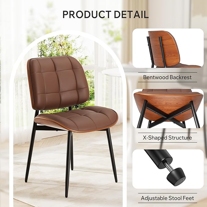 Dining Chairs Set of 2, Mid Century Modern Dining Room Chair, Upholstered Faux Leather Kitchen Chairs with Thick Cushion and Walnut Bentwood Back for Kitchen Dining Room, Coffee