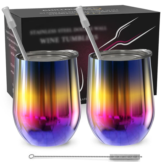 CHILLOUT LIFE Stainless Steel Wine Tumblers 2 Pack 12 oz - Double Wall Vacuum Insulated Wine Cups with Lids and Straws Set for Coffee, Wine, Cocktails (Rainbow)