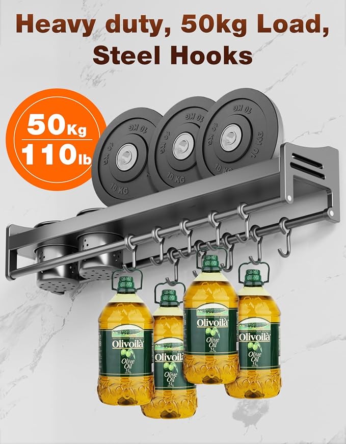 kitchen utensil hanger, wall mounted rail with hooks, waterproof hooks for utensils, easy installation without drilling (27.56 inches, Cups, 3)