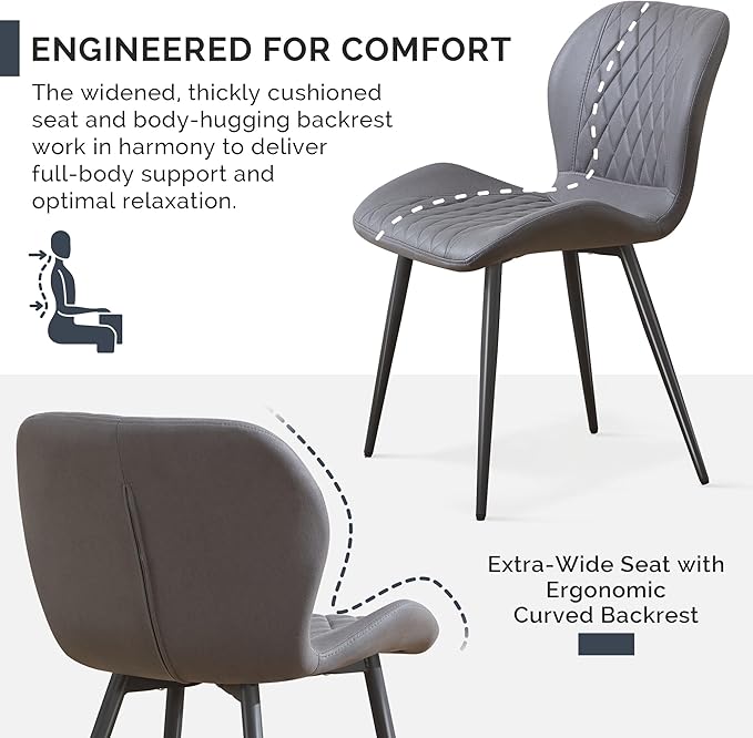 Dining Chairs Set of 2, Comfy Modern Dining Chairs with Thick Cushions, Upholstered Fabric Kitchen Side Chairs with Adjustable Metal Legs for Dining Room (Dark Grey)