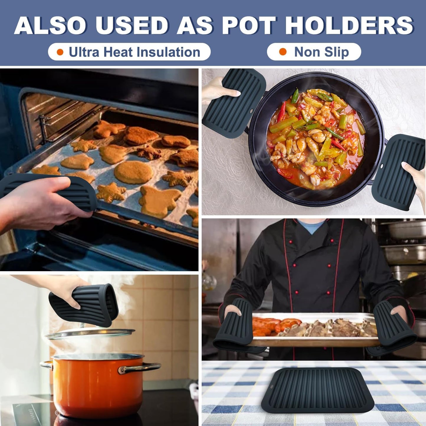 Walfos Silicone Trivets for Hot Pots and Pans - 446°F Heat Resistant Hot Pads for Kitchen Counter- 4 Pcs Multi-Purpose & Versatile Trivet Mat - Long-Lasting & Flexible Silicone Hot Pad（Black）