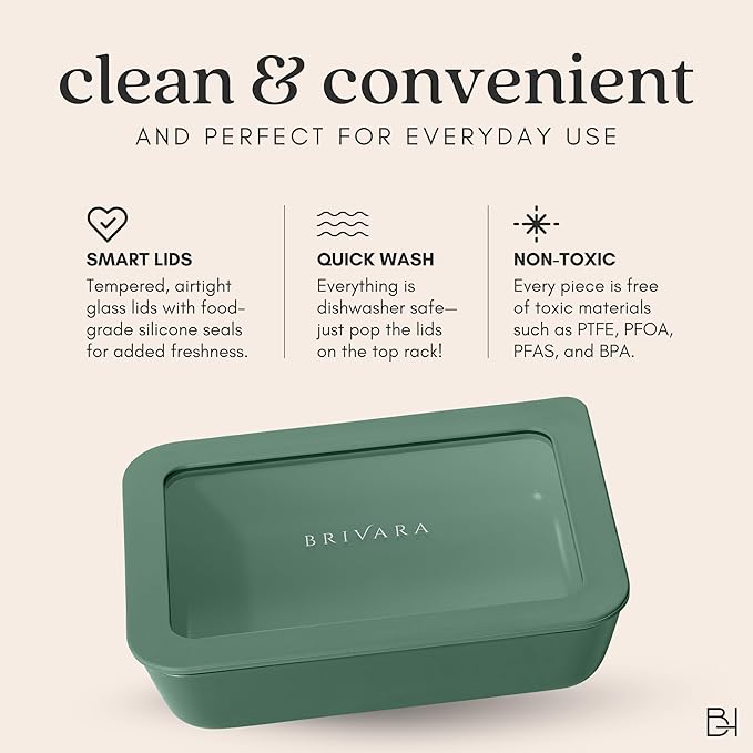 Ceramic Coated Glass Food Storage Container | No PTFE, PFOA, PFAS, and BPA | Reusable Non Toxic Meal Prep Container with Glass Lid | Easy To Store | 6 Cup Rectangle [Pine]