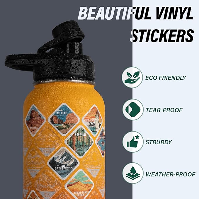 DYSANKY National Parks Water Bottle – 40 oz Insulated Stainless Steel Bottle with 63 Hand-Drawn Park Stickers, Carrier Bag, Strap & Gift Box – BPA-Free – Ideal for Hiking, Camping & Travel