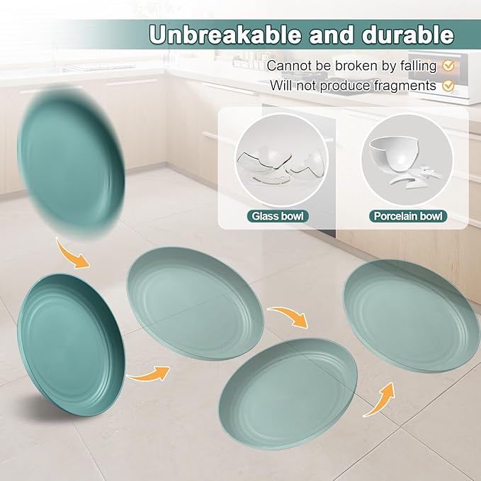 12 Pcs Unbreakable Deep Dinner Plates Set, 9 inch Reusable Plastic Wheat Straw Plates, Microwave and Dishwasher Safe Plate for Kitchen, Lightweight Plate for Dessert, BPA Free, Dark Green