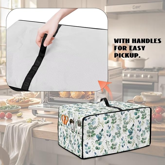 Countertop Convection Oven Cover Decorative and Protective Air Fryer Toaster Oven Dust Cover for Home Kitchen Indoor Decor, L, Eucalyptus Leaf Green White