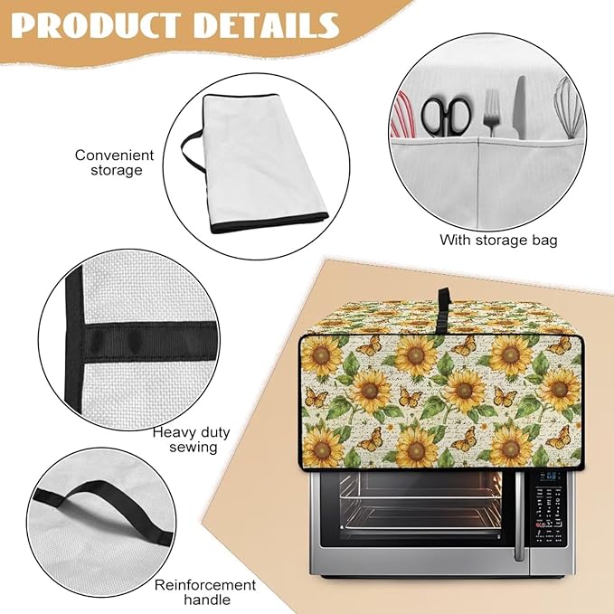 Countertop Convection Oven Cover Dust-Proof Toaster Oven Cover with Accessories Pockets, Countertop Convection Oven Protector, S, Sunflower Butterfly Retro Letter Print