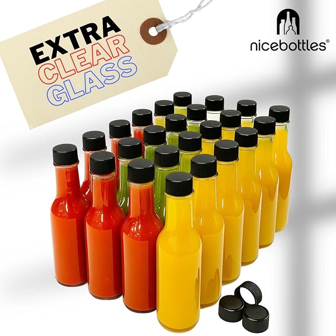 nicebottles Hot Sauce Bottles with Red Caps & Shrink Bands, 5 Oz - 24 Pack