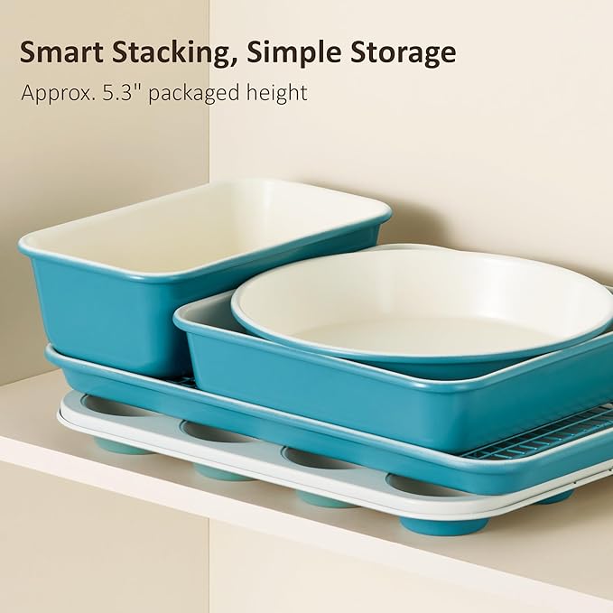 CAROTE 6-Piece Ceramic Baking Pans Set, Aluminized Steel Bakeware Sets, Toxin-Free Nonstick Stackable Oven Pans with Cookie Sheet, Muffin Pan, Loaf Pan, Round & Square Cake Pan, Cooling Rack
