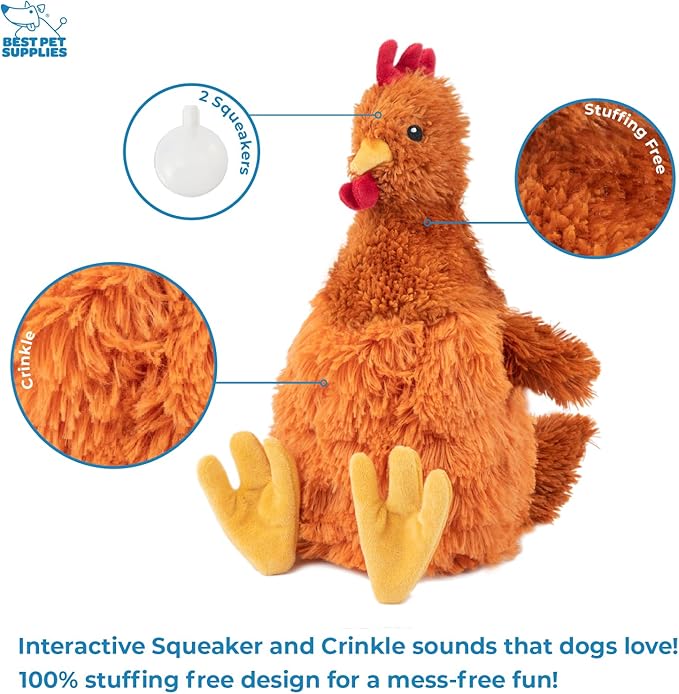 Best Pet Supplies Interactive Squeaky Dog Chew Toy, Ideal Dog Toys for Chewers, Small, Medium & Large Dogs, and Fetch Lovers - Crinkle Chicken (Brown), Large