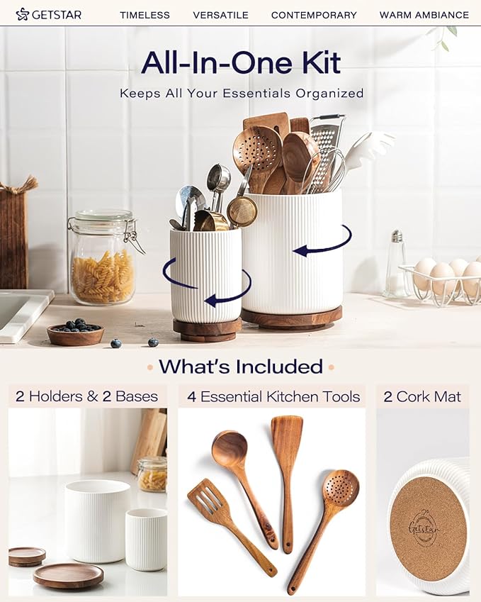 getstar Large Rotating Utensil Holder for Kitchen Counter,7.9"+6" Ceramic Utensils Crocks Set for Countertop Large & Small Utensil Organizer for Spatula Farmhouse Kitchen Decor