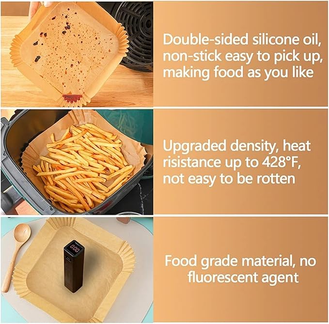 Large Air Fryer Disposable Paper Liners Nonstick 23cm Oven Airfryer Parchment Baking Paper ，Compatible For Ninja，Compatible For COSORI ，Grill Cooking Basket(20cm square,100 Pcs)