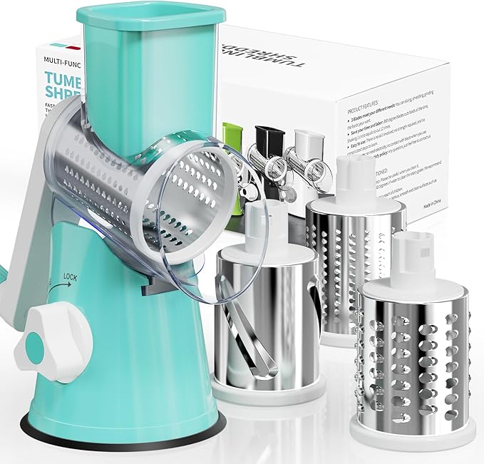 Rotary Cheese Grater Hand Crank, 3 Blades Slicer Shredder, Cheese Grater for Kitchen, Multi-Functional Kitchen Tool for Vegetables, Nuts, Chocolate, with Strong Suction Base, Blue