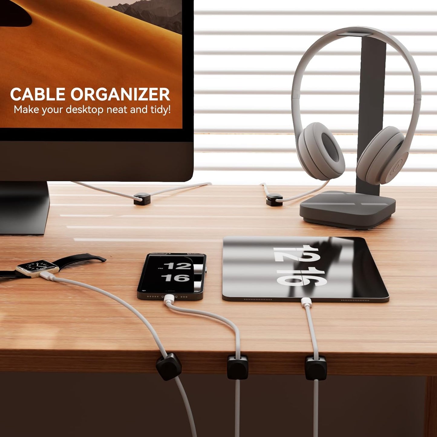 Rotatable Cord Organizer, Enhanced Spring Cable Clips, Strong Adhesive Cable Management, Desk Cord Holder for Nightstand, Office Accessories and Car (8*Black)