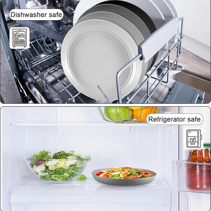 12 Pcs Unbreakable Deep Dessert Plates Set, 8 inch Reusable Plastic Wheat Straw Plates, Microwave and Dishwasher Safe Plate for Kitchen, Lightweight Plate for Dessert, BPA Free, White