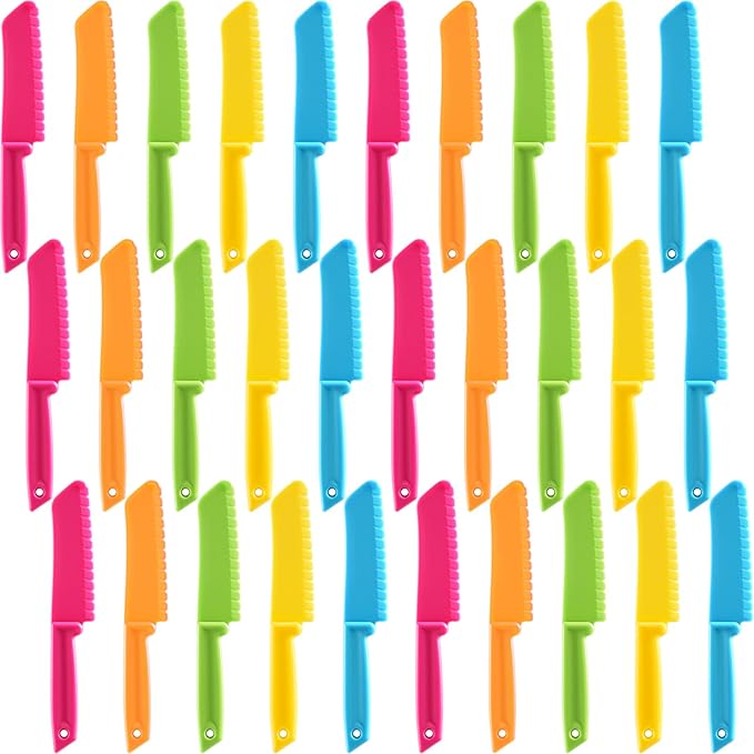 30 Pieces Kid Knife Plastic Kids Safe Knives Bulk for Real Cooking, Nylon Children Toddler Cooking Kitchen Set for Bread, Lettuce and Salad for Birthday Party Favors Supplies