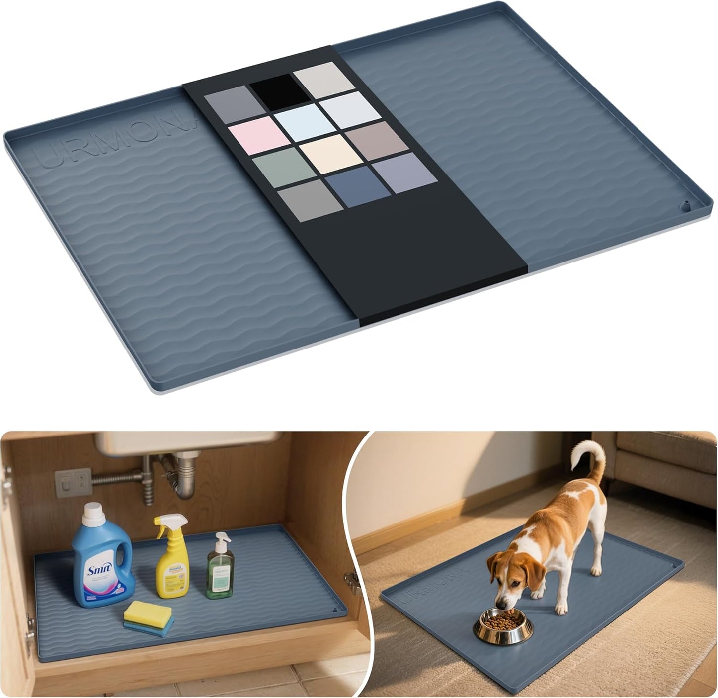 URMONA Waterproof Silicone Under Sink Mat 16'' x 10'' Shelf Liner for Kitchen and Bathroom, Cabinet and Counter Protector, Storage and Organizers, Litter Mat, Pet Cat Puppy Essentials(Dark Grey)