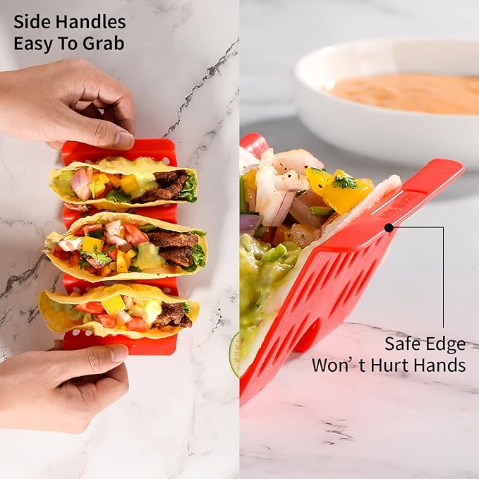 Set of 48 Colorful Taco Holder Stand, Plastic Taco Plates Hold up to 3 Tacos Each, Hard Sturdy Taco Shell Holder, Fiesta Taco Plate, Taco Tray, Dishwasher Microwave Safe, Taco Plates Disposable