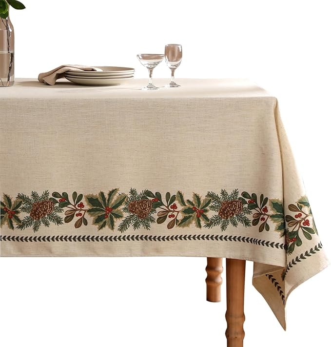 ISAENNE Designer Christmas Linen Extra Long Rectangle Tablecloth,Light Beige Western Table Cloth,Wrinkle Resistant Decor Tablecloths for Dining Thanksgiving Kitchen Christmas,63"*110"-Carol G