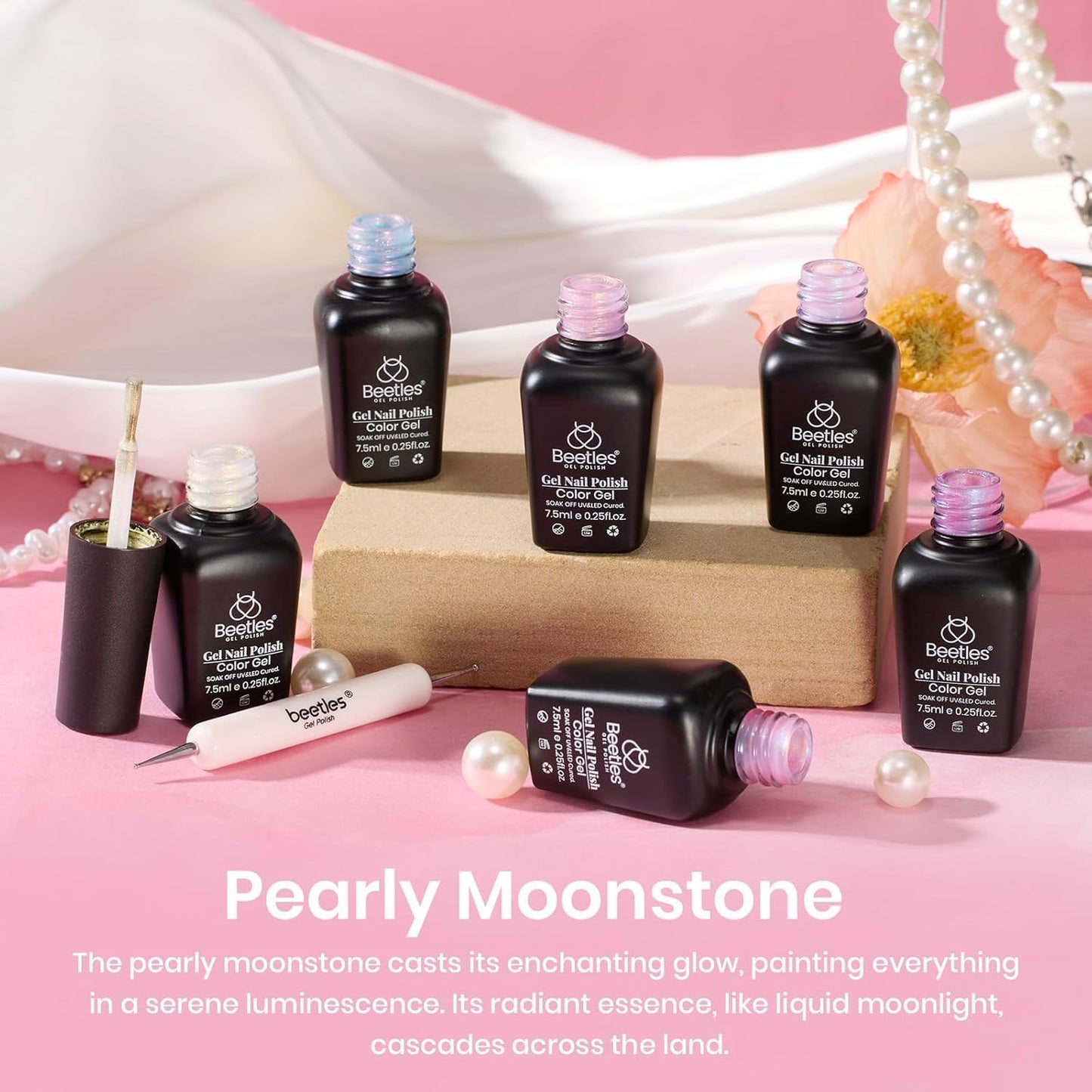 Beetles Pearl Gel Nail Polish, 6 Colors Shimmer Pearl White Pink Purple Mermaid Nail Drawing Gel Polish Soak Off Uv Gel Polish Swirl Shell Thread Effect DIY Manicure Gift for Women