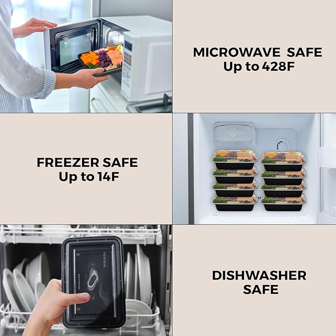 Klex 24 Oz, 150 Sets Meal Prep Containers with Airtight Lids, BPA Free, Reusable Plastic Food Container, 24 oz, Rectangular, Black/Clear, 150 Sets