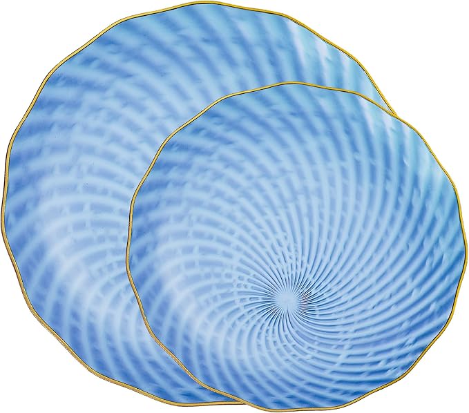 PLASTICPRO 60 Pack Plastic Plates Set of 30-10 inch Plates and 30-7 inch Plate, Elegant Clear Blue Spiral and Gold Rim Disposable Fancy Plate Premium Heavyweight