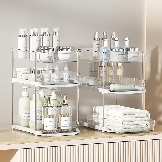 Delamu 2 Sets of 3-Tier Bathroom Under Sink Organizers and Storage, Multi-Purpose Stackable Pantry Organization and Storage, Pull Out Clear Kitchen Bathroom Cabinet Organizer with Movable Dividers