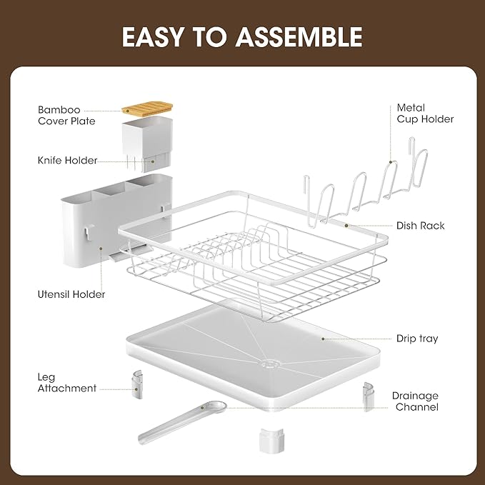 Runnatal Dish Drying Rack, Stainless Steel Dish Rack with Drainboard for Kitchen Counter and Sink, Detachable 2-in-1 Utensil Holder, Cup Holder, Large Capacity Dish Drainer, White