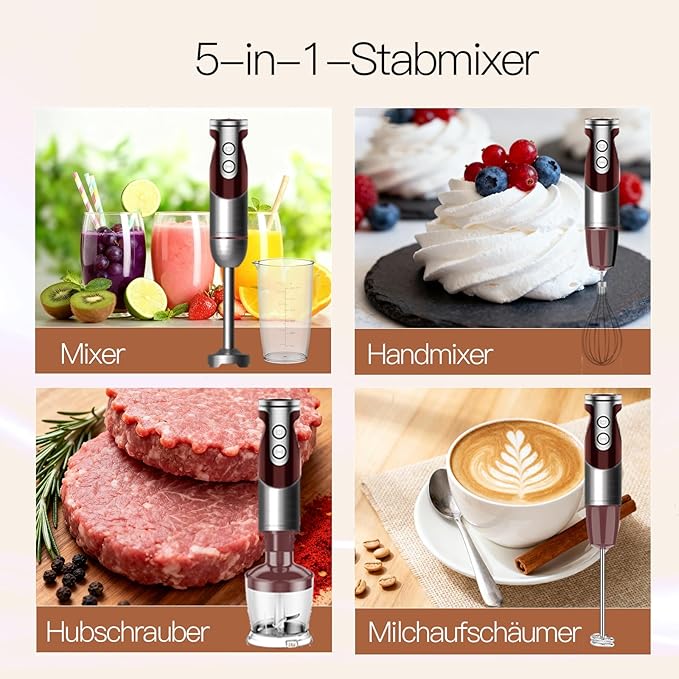 MegaWise 3-in-1 Hand Blender Set with Variable Speed Control, 400W Immersion Blender - Includes Whisk, Milk Frother, Chopper, and Beaker for Smoothies, Soups, and Baby Food (RED)