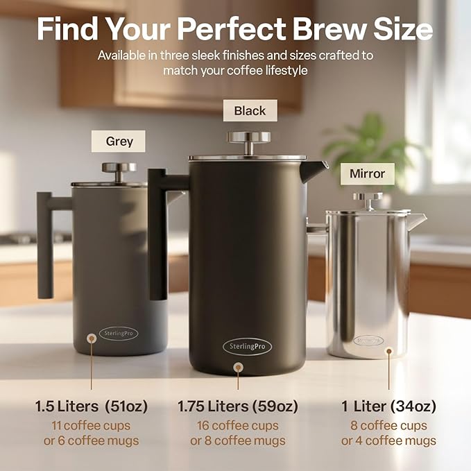 SterlingPro Stainless Steel French Press Coffee Maker 1 L (34 oz) Mirror – Double Walled Insulated Large Coffee Press, Durable Design Keeps Drinks Hot, Easy to Use and Clean for Rich Flavor Brewing