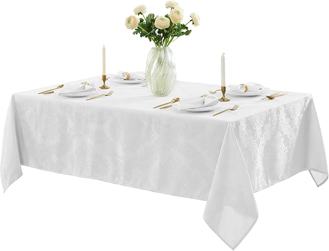Newbridge Barcelona Luxury Damask Fabric Tablecloth, 52” Wide x 70” Rectangle, White, 100% Polyester, No Iron, Soil Resistant Dining Room, Party and Banquet Table Cover