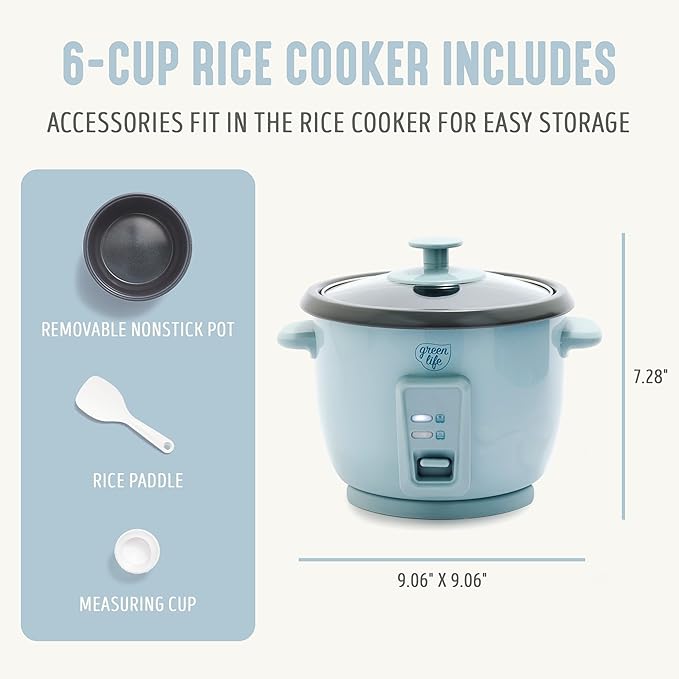 GreenLife Rice Cooker with Removable PFAS-Free Ceramic Nonstick Pot, 3-Cups Uncooked/6-Cups Cooked, Grains & Oatmeal Multicooker, Compact One-Switch Design, Auto Keep Warm, Easy Clean, Blue Haze