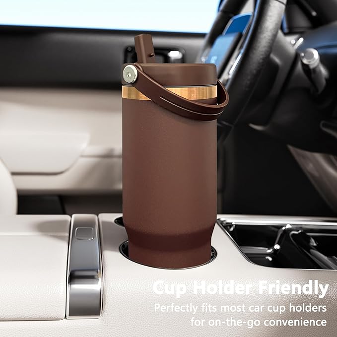 30 oz Tumbler with Handle and Straw, Vacuum Insulated Tumblers with Flip Straw and Top Handle, Leakproof Powder Coated Tumbler, Stainless Steel Travel Mug for Coffee Water (Browm, 1Pack)