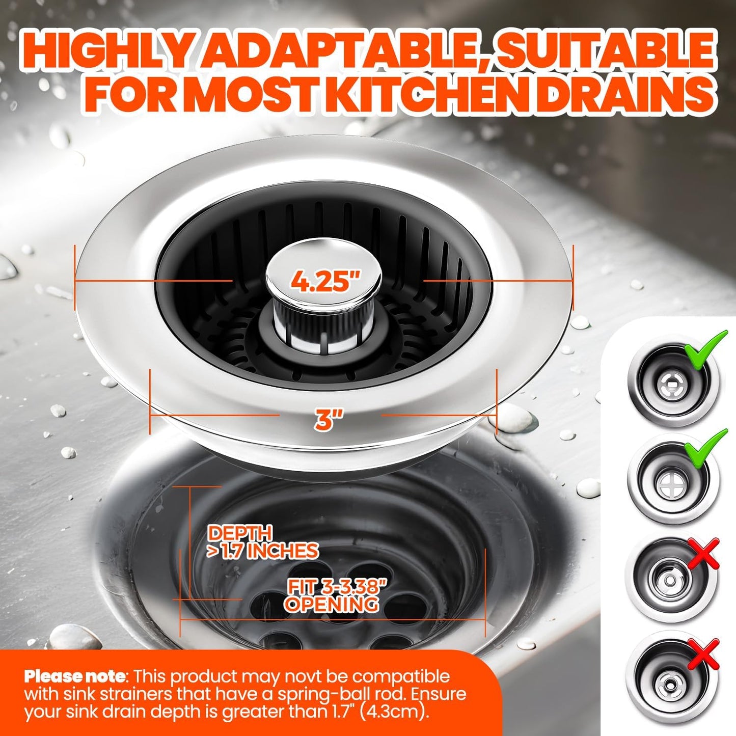 Kitchen Sink Drain Strainer & Sink Stopper, Upgraded Stainless Steel Drain Plug Combo with Anti-Clog Basket, Pop Up Drain Cover for Standard 3-1/2'',Garbage Disposal Parts