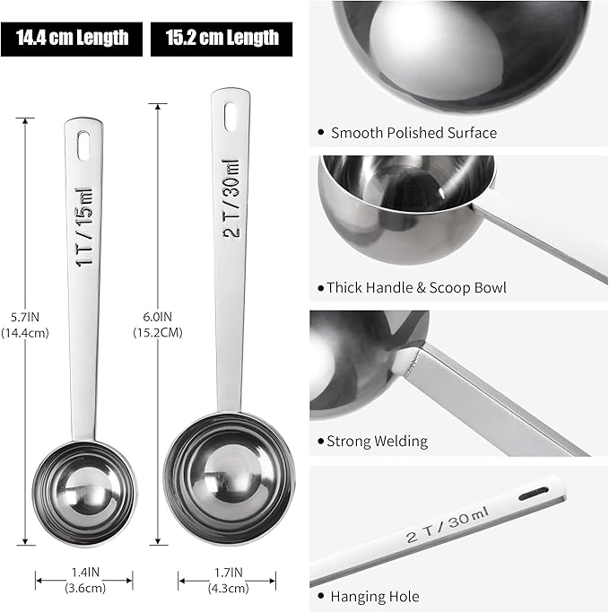 Doosu 18/8 Stainless Steel Food-Grade Measuring Coffee Scoop with 4.3in Long Handle (1 & 2 Tbsp) and 600°F Heat Resistant Silicone Jar Scraper Spatula (Aqua Sky)