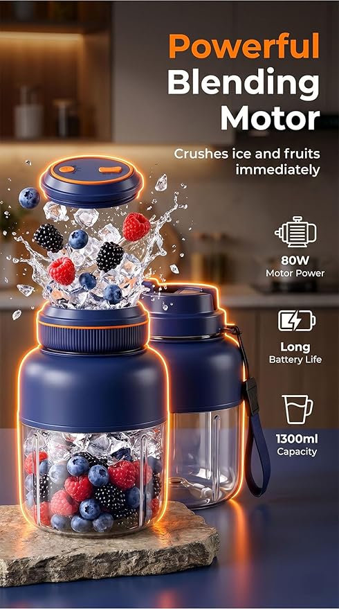 Portable Wireless Juicer Cup - 44 oz Cordless Blender with 38-Blade 18000 RPM High-Speed Motor, USB-C Rechargeable Personal Smoothie Maker for Gym, Travel, and Outdoors (Single Cup-White,44oz)