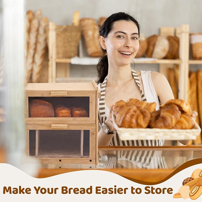 Colingmill Double Layer Bread Box for Kitchen Countertop, Bamboo Breadbox with Slicer, Baguette Storage for Homemade Bread, Breadbox with Cutting Board/Window, Gifts for Home Bakers